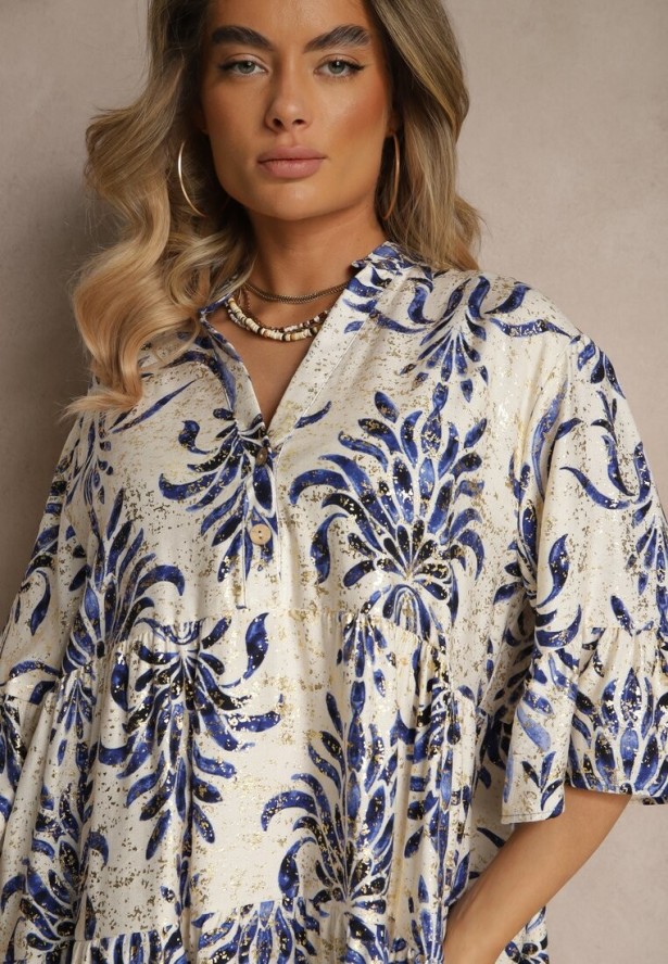 Niebiesko-Beżowa Sukienka z Lnem o Rozkloszowanym Kroju Zdobiona Metalicznym Nadrukiem Filinwena