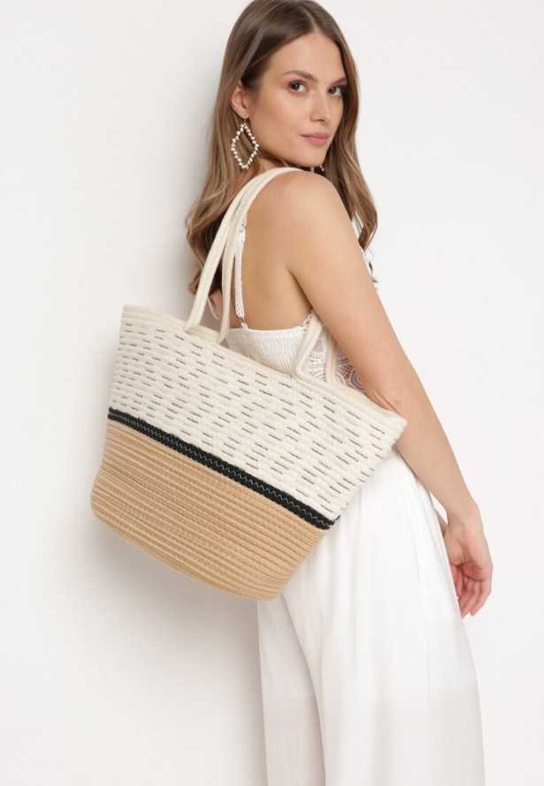 Beżowa Bawełniana Torebka z Plecionym Zdobieniem o Dużym Fasonie Meruma