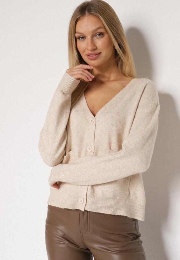Beżowy Rozpinany Kardigan z Dodatkiem Kaszmiru Vetirira