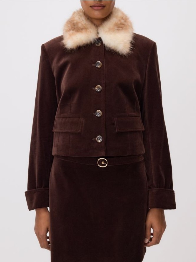 Marynarka z kołnierzem z imitacji futra - ciemnobrązowy