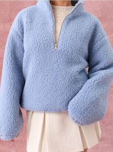 Bluza sherpa ze stójką na zamek - niebieski