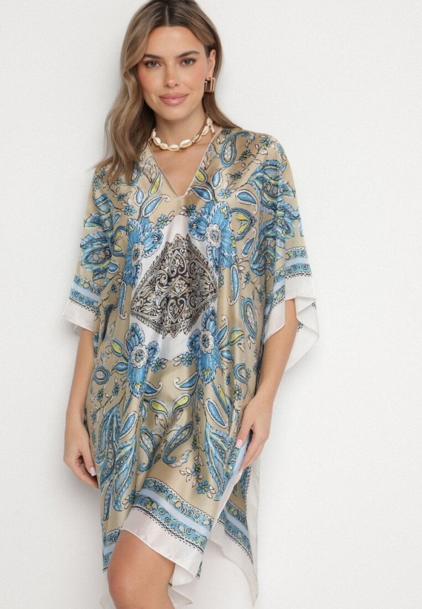 Beżowe Lekkie Ponczo Narzutka z Jedwabiu i Wiskozy w Ornamentalny Wzór Azendia