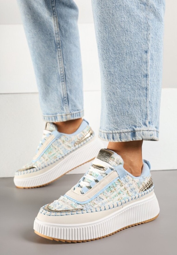 Biało-Niebieskie Sneakersy na Grubej Podeszwie Zdobione Tweedem i Przeszyciami Ulamoriela
