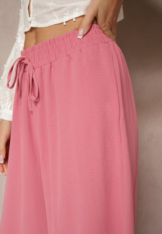 Różowe Spodnie Palazzo o Szerokim Kroju Ozdobione Sznurkiem Ularira