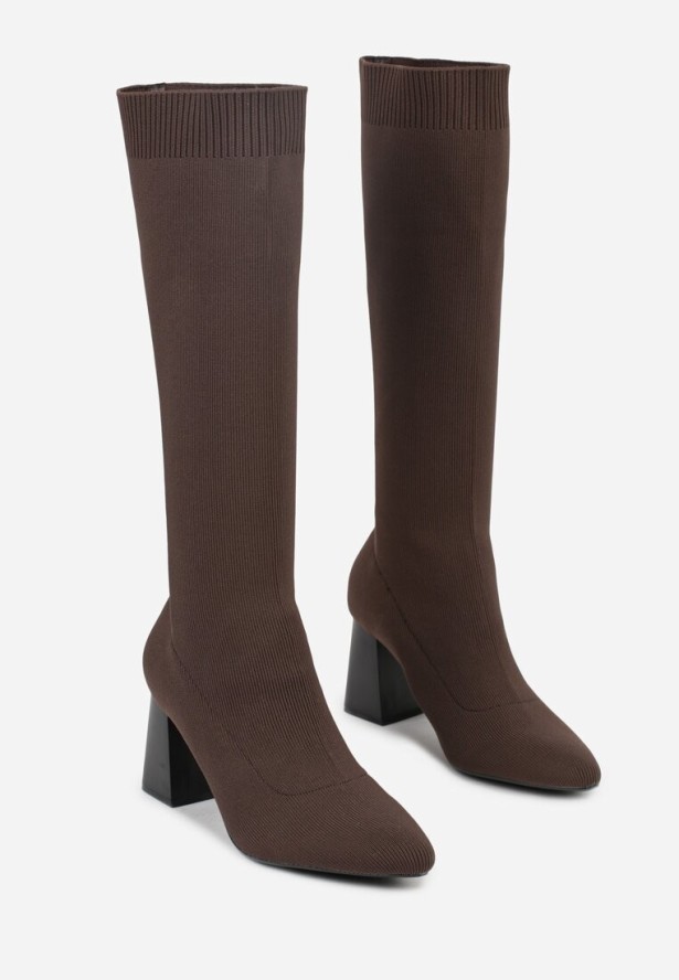 Brązowe Eleganckie Kozaki VICES na Słupku ze Skarpetkową Cholewką Mialles