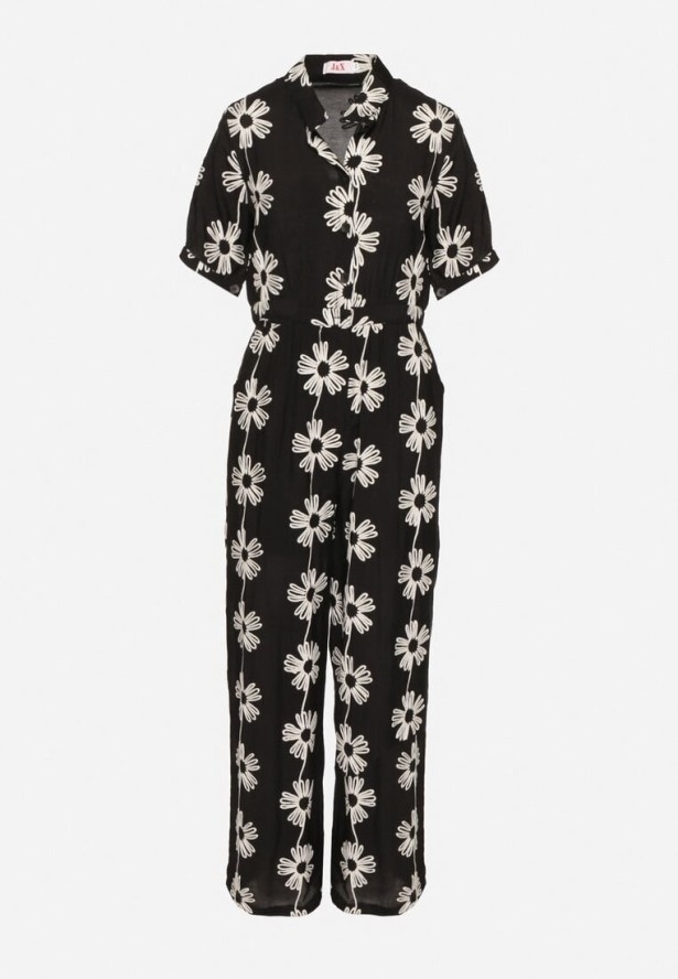 Czarny Wiskozowy Kombinezon o Koszulowym Kroju z Krótkim Rękawem i Kieszeniami Milaviela