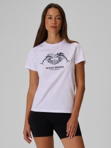 4F T-shirt regular z nadrukiem damski - biały XS