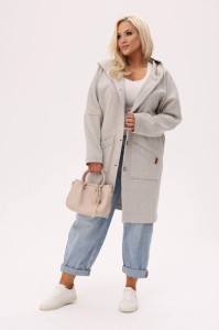 Dzianinowy płaszcz z kapturem Noor zapinany na guziki z kokosa PLUS SIZE XXL OVERSIZE JESIEŃ