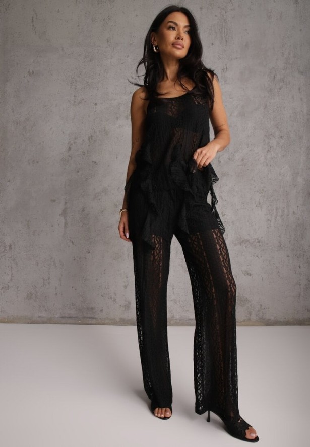 Czarny Eteryczny Komplet z Koronką i Falbankami Top i Spodnie Wide Leg Pretilaine