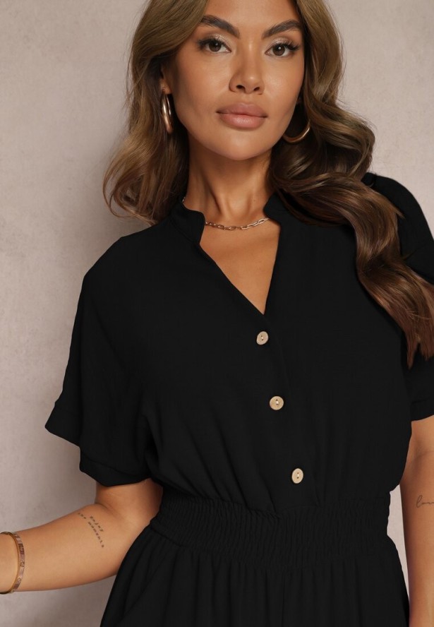 Czarny Taliowany Kombinezon z Wiskozy Zapinany na Guziki Frisea