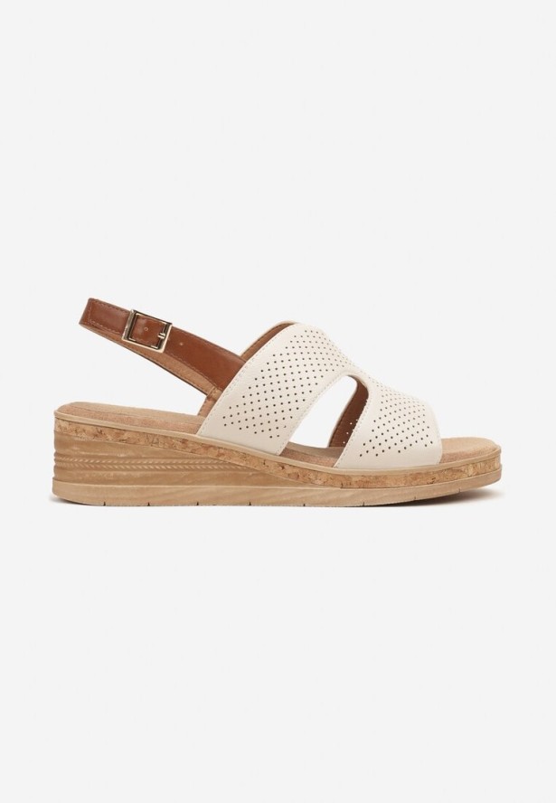 Beżowe Ażurowe Sandały na Koturnie ze Skórzaną Wkładką Liressa