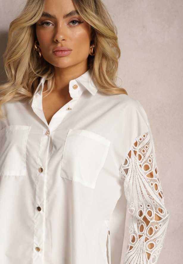 Biała Koszula o Luźnym Fasonie z Ażurowymi Wstawkami na Rękawach Nasira