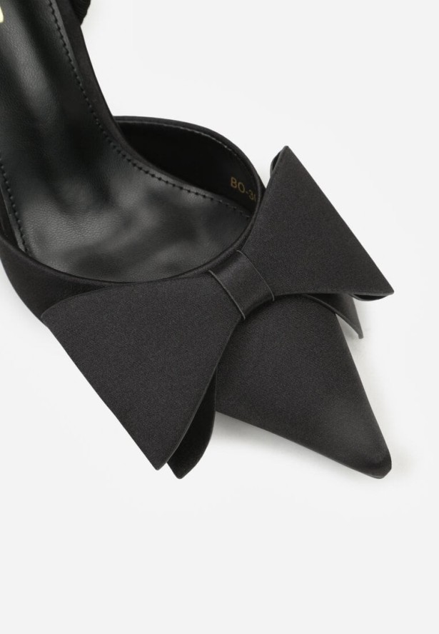 Czarne Satynowe Sandały na Szpilce z Odkrytą Piętą i Kokardą Shiriniana