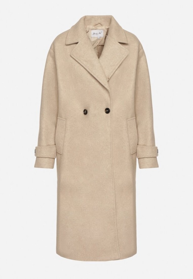 Beżowy Dwurzędowy Płaszcz Oversize z Wełny i Wiskozy w Eleganckim Stylu Tiliavia