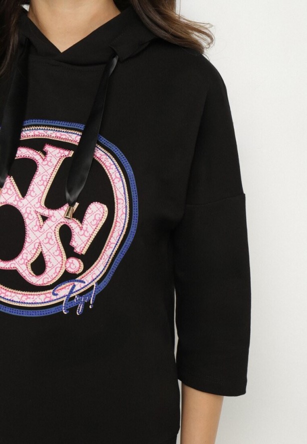 Czarna Bluza z Kapturem i Rękawami 3/4 Zdobiona Nadrukiem Saniriora