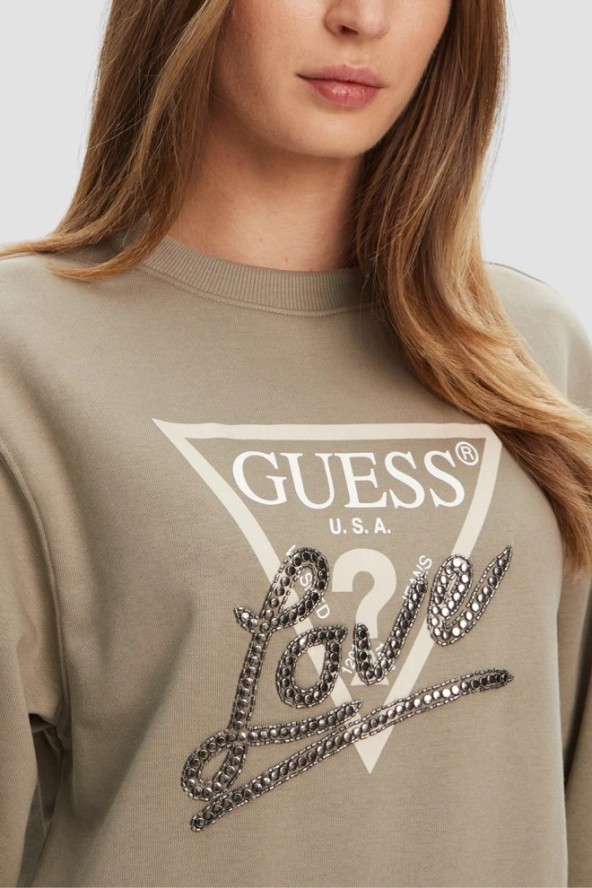 GUESS Zielona damska bluza Studded Love, Rozmiar M