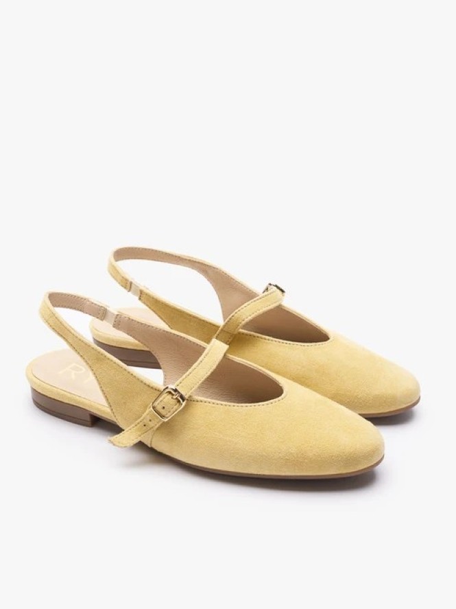 Jasnożółte czółenka slingback bez pięty ze skóry welurowej