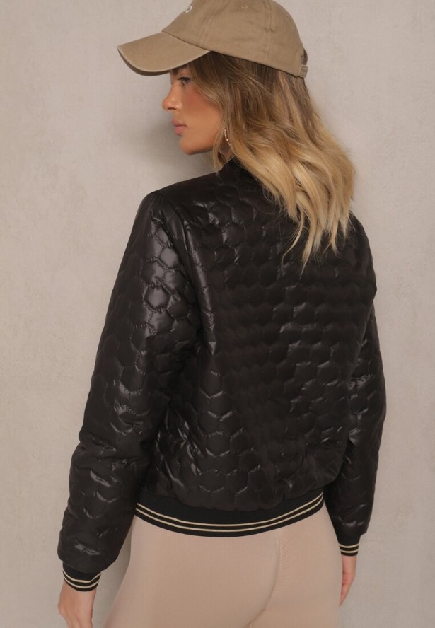 Czarna Pikowana Kurtka Bomberka z Metaliczną Nicią Desalina