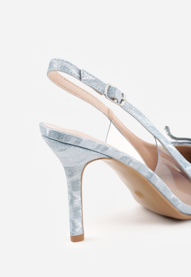 Niebieskie Szpilki VICES Slingback z Kokardą Cyrkoniami i Transparetną Wstawką Kalilise