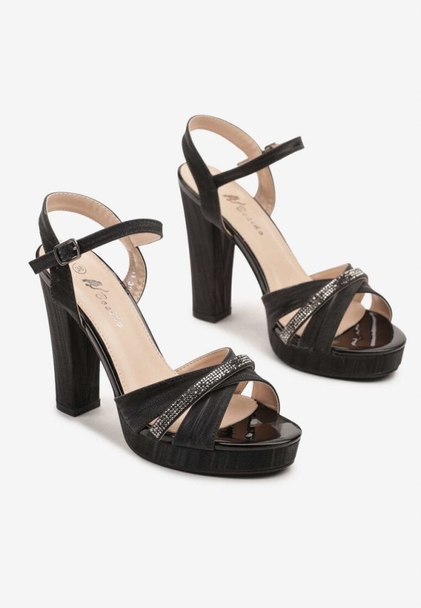 Czarne Sandały na Słupku z Brokatem i Cyrkoniami Lialitora