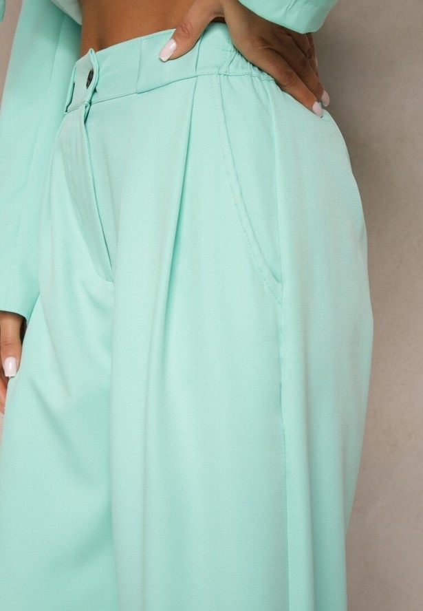 Jasnozielone Szerokie Spodnie High Waist o Garniturowym Kroju z Zakładkami Uliadorea