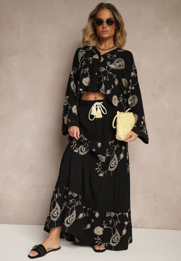 Czarny Wiskozowy Komplet Boho z Koszulą o Nietoperzowym Kroju i Spódnicą Separia