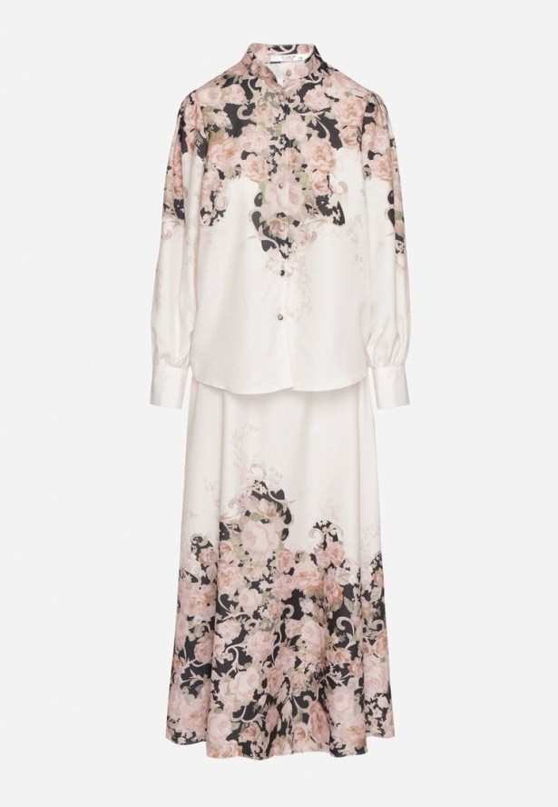 Beżowy Wiskozowy Komplet w Kwiatowy Wzór Koszula i Rozkloszowana Spódnica Belinoris