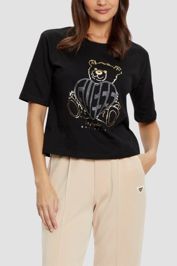 GUESS Czarny t-shirt damski Bear Boxy, Rozmiar S