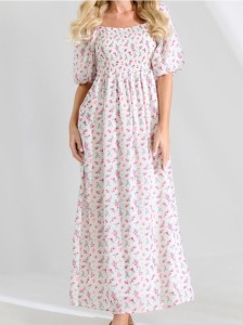 Sukienka maxi w kwiaty z bufiastymi rękawami - wielobarwny