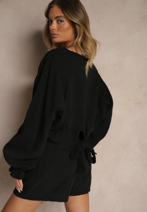 Czarna Bawełniana Bluzka Typu Nietoperz z Wiązaniem Sepionna