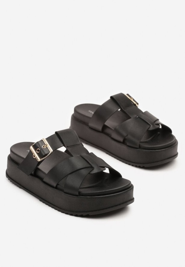 Czarne Klapki z Ozdobnymi Paskami i Kwadratową Klamrą Anisera