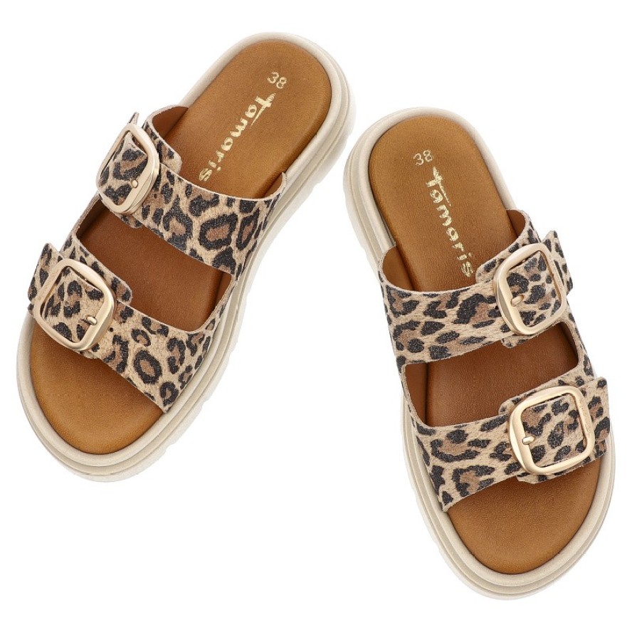 Beżowe Klapki Tamaris Eleganckie Obuwie Damskie Leopard