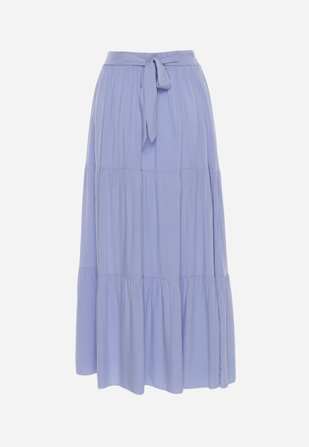 Jasnoniebieska Wiskozowa Spódnica Maxi Rozkloszowana z Paskami Saosa