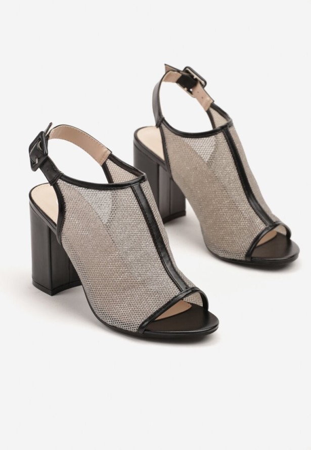 Czarne Brokatowe Sandały Typu Botki na Słupku z Paskiem z Klamerką Fintewia