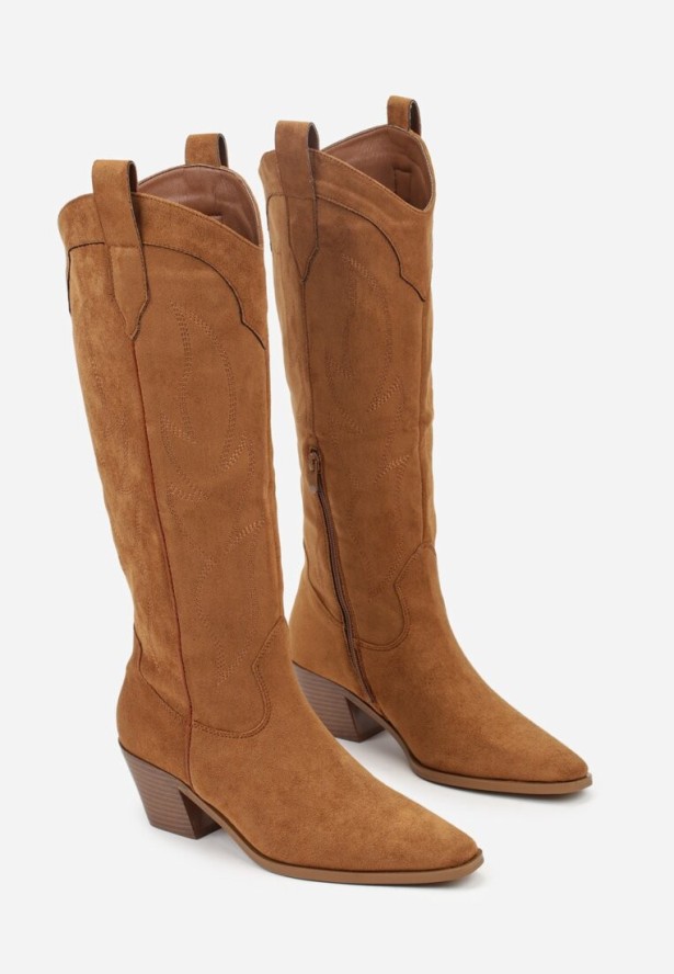 Jasnobrązowe Kozaki Kowbojki na Stożku z Haftem na Cholewce Gallessa