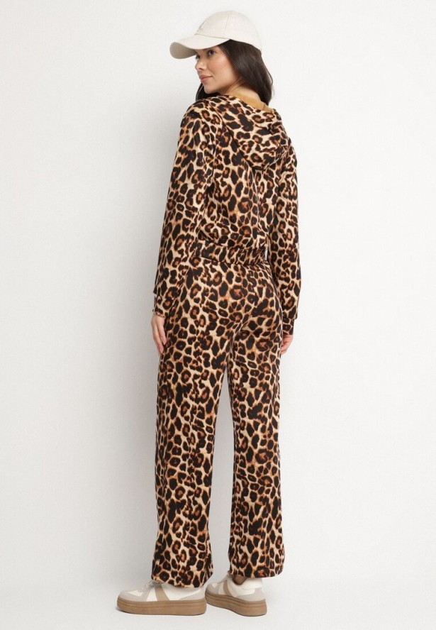 Brązowy Komplet Dresowy w Panterkę Bluza z Kapturem i Szerokie Spodnie Virhiris