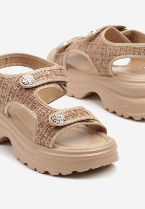 Ciemnobeżowe Sandały Tweedowe na Grubej Podeszwie Setania