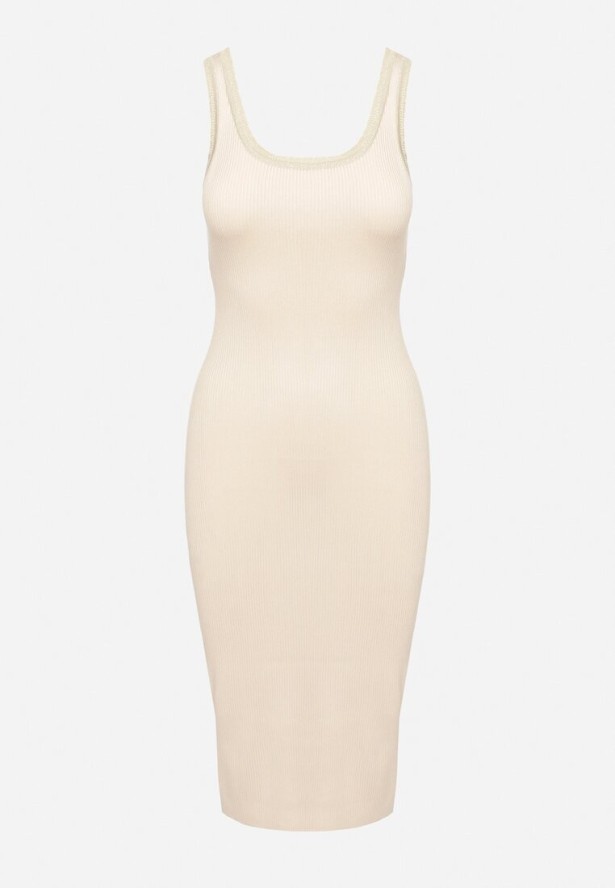 Jasnobeżowa Dopasowana Sukienka z Wiskozą na Ramiączkach z Prążkowanego Materiału Niarielle