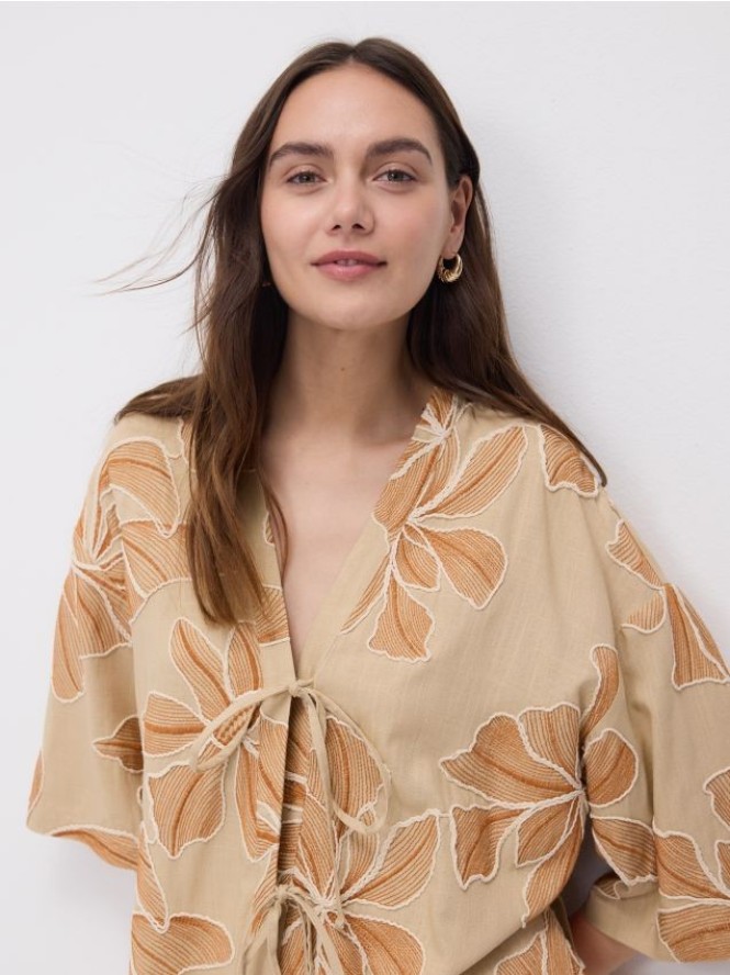 Wiązana bluzka z dodatkiem lnu - wielobarwny