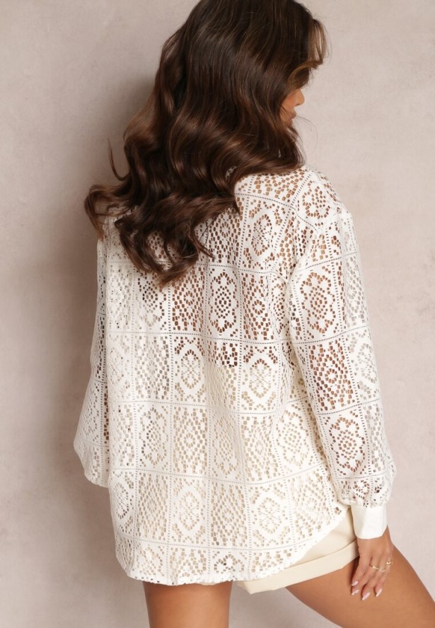 Jasnobeżowa Koszula z Ażurowej Tkaniny z Kieszeniami Terista