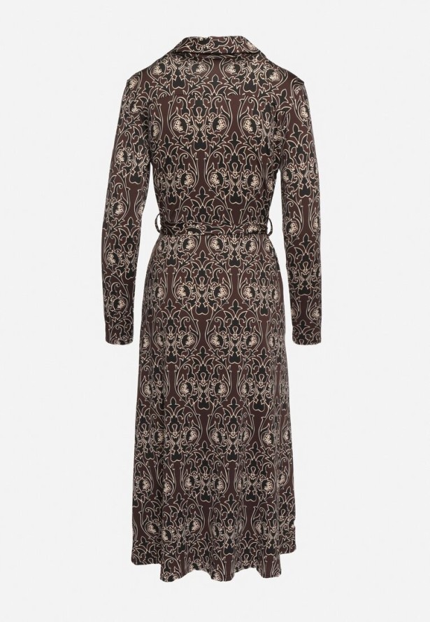 Brązowo-Beżowa Sukienka Koszulowa Ozdobiona Ornamentalnym Wzorem Mesilie