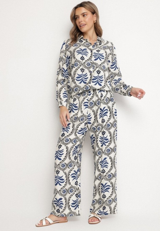 Niebieski Komplet z Wiskozą Koszula i Spodnie z Gumką w Pasie z Roślinnym Motywem Diviren