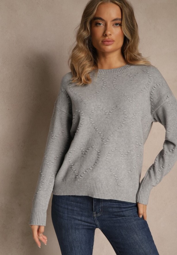 Szary Sweter z Tłoczonymi Sercami Unareia