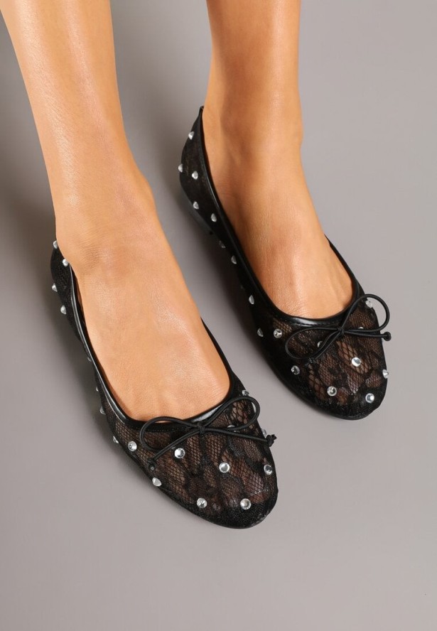 Czarne Siateczkowe Balerinki na Płaskiej Podeszwie z Cyrkoniami i Koronką Froresi