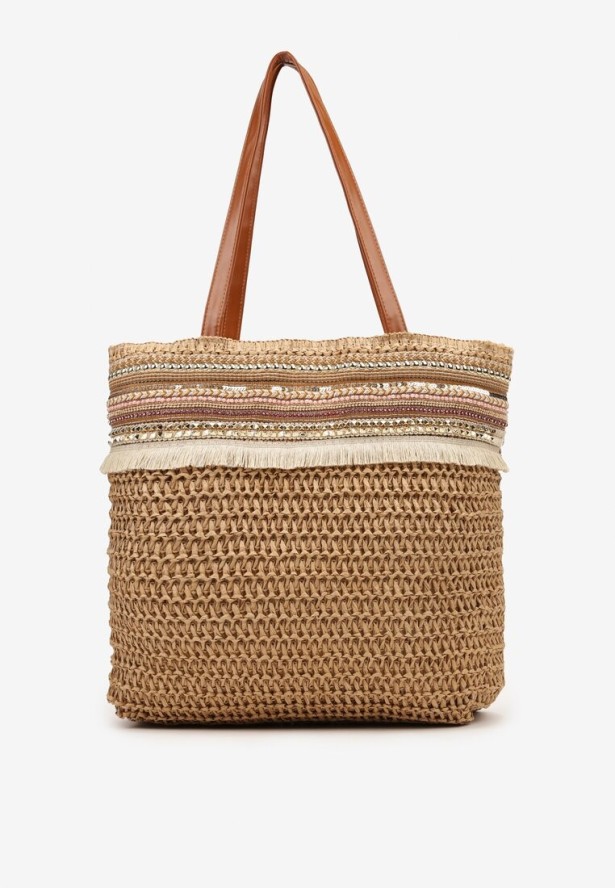 Brązowa Torebka Shopperka Wykończona Plecionką i Frędzlami w Stylu Boho Rivaniane
