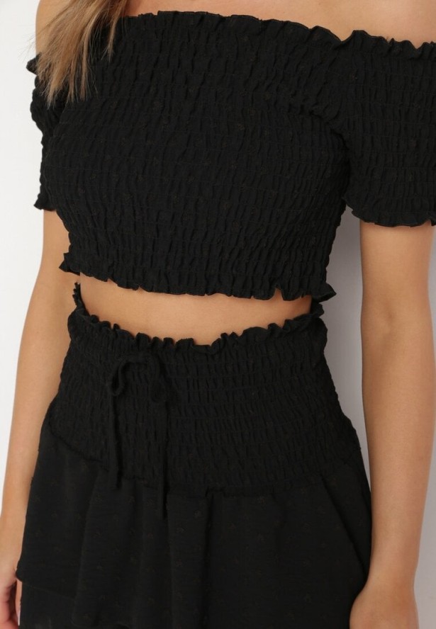 Czarny Komplet Top w Stylu Hiszpanki i Spódnico-Szorty z Gumką Quillatta