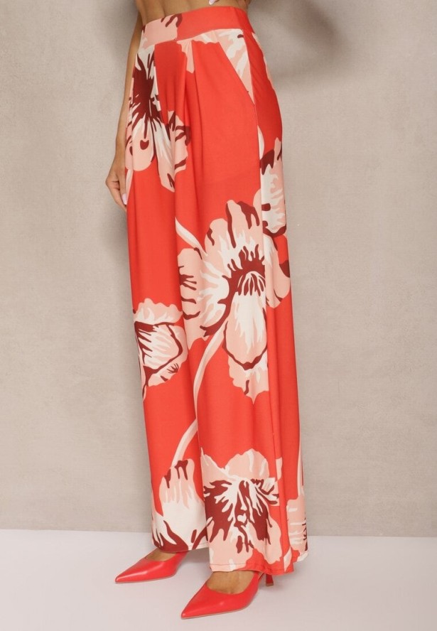 Pomarańczowy Komplet Marszczona Bluzka o Asymetrycznym Kroju i Szerokie Spodnie w Kwiaty Linidia