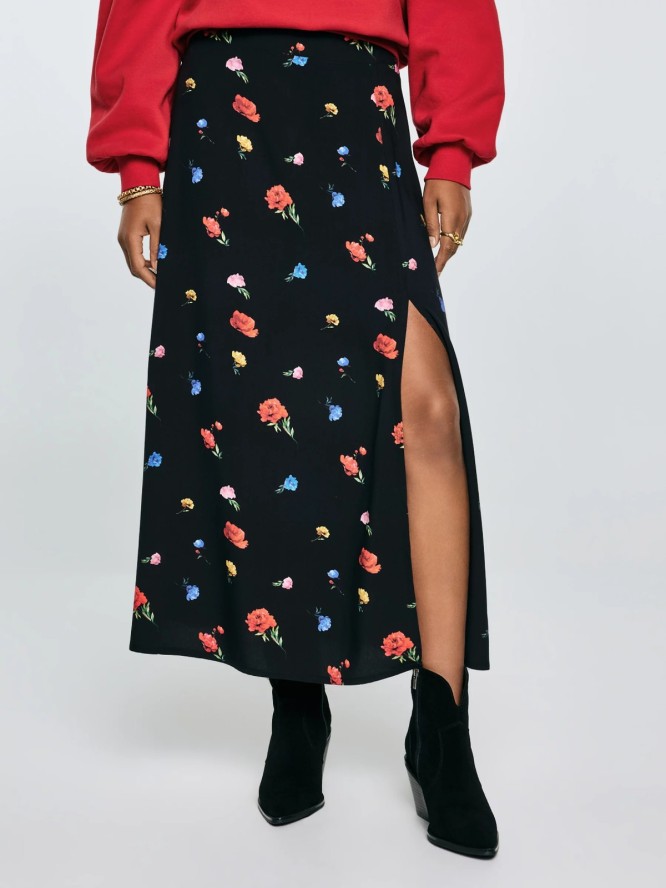 Spódnica damska midi z wiskozy z motywem kwiatowym czarna Brie 906