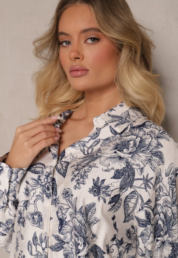 Granatowy Komplet z Wiskozy Koszula w Kwiatowy Wzór i Szerokie Spodnie Hanelorin