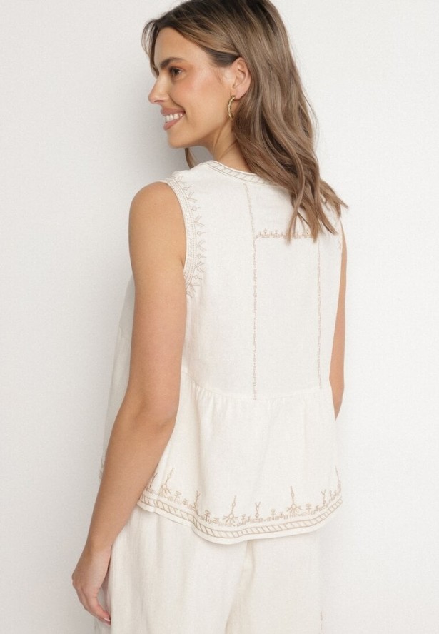 Jasnobeżowa Bawełniana Bluzka Bez Rękawów z Baskinką i Haftem Koritara